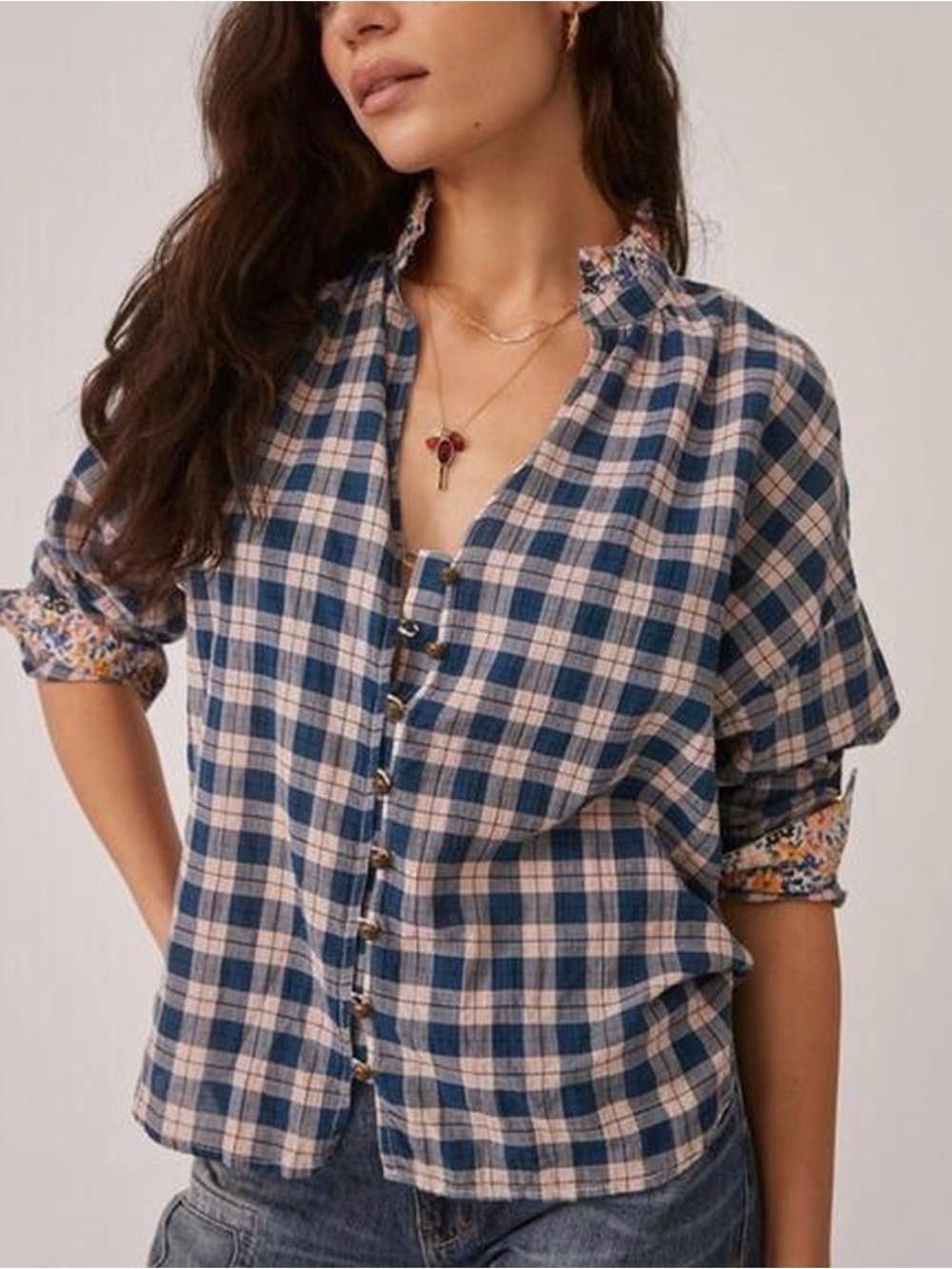 Anthropologie Pilcro Plaid Ruffle Neck Blouse Size M